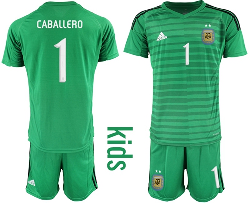 Argentina #1 Caballero Green Goalkeeper Kid Soccer Country Jersey